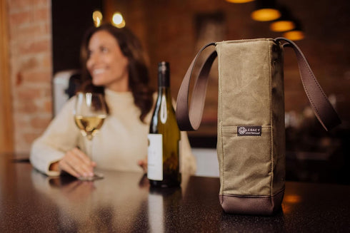 PICNIC TIME 2 Bottle Insulated, Distressed Waxed Canvas Tote, Wine Gift Bag, Khaki Green with Beige Accents...