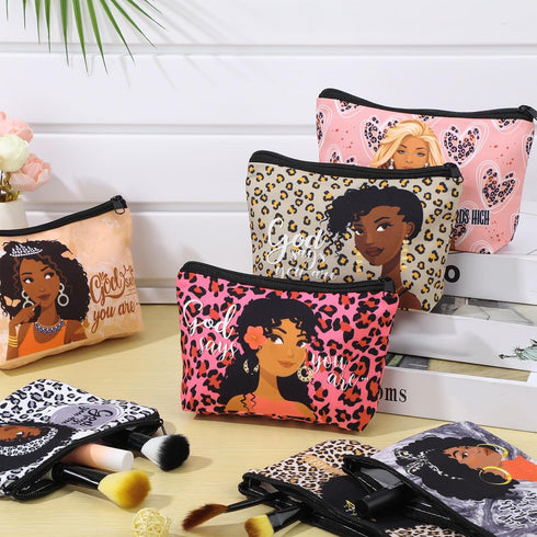 24 Pcs Black Woman Makeup Bag Christmas Gift Black Girl Toiletry Bag African American Canvas Makeup Bags Zipper Cosmetic Pouch Reusable Multi Purp...