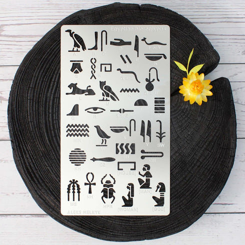 Aleks Melnyk No.456 Metal Stencil, Egyptian Hieroglyphs, Ancient Egyptian Glyphs Alphabet, Letter Tracers, Template for Wood Burning, Magic Runes,...