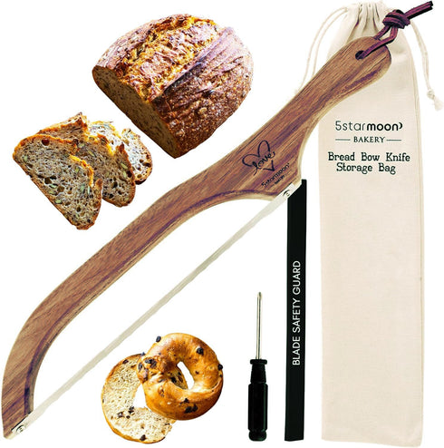 5StarMoon Bread Knife for Homemade Bread - 16" Wooden Bread Bow Knife, Sourdough Bread Knife & Bagel Cutter - Serrated Fiddle Bow Bread Slicer for...