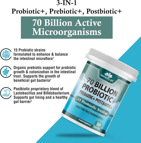 Probiotics 70 Billion CFU – 15 Probiotic strains + Organic Prebiotic+ Postbiotic 3-in-1 Complete – Promotes Healthy Digestive & Immune Function –G...