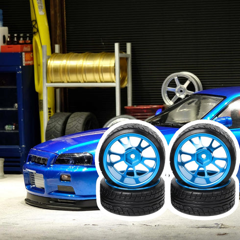 Mxfans 4Pcs Plastic Tires & Blue 10-Spokes Aluminum Wheel Rims for RC 1:10 On-Road Car...