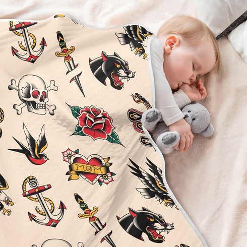 Old School Tattoo Baby Blanket Cotton Cozy Throw Blanket Warm Nursery Swaddle Receiving Toddler Blankets 30" x 40...