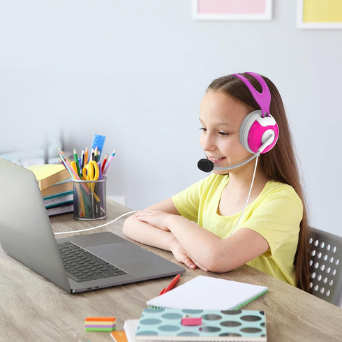Thore Kids Headphones with Microphone (Over Ear) Headset with Boom Mic + Volume Control for Girls, Online School (Pink)...