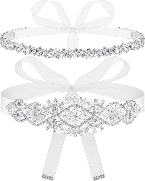 SATINIOR 2 Pieces Rhinestone Bridal Wedding Dress Sash Belt Crystal Diamond Ribbon Wedding Belts for Bridesmaid Wedding Dress (White)...