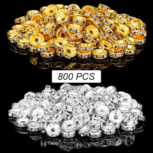 Hicarer 800 Pieces Round Rondelle Spacer Beads Crystal Rhinestone Loose Charm Beads for Jewelry Making(8 mm,Gold, Silver)...