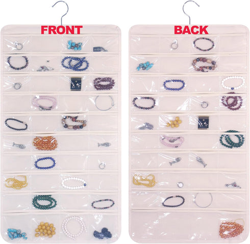 DIOMMELL 80 Pockets Hanging Jewelry Organizer for women, Storage Bag for Earrings Necklace Bracelet Ring accessory display holder, Beige...