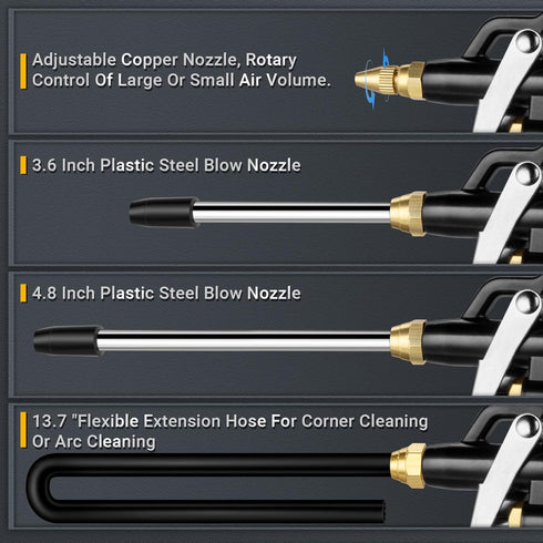 High Volume Air Blow Gun with Brass Adjustable Air Nozzle, Industrial Air Blower Gun with 2 pcs Steel Extensions and 13.7 Inch Universal Blow Hose...