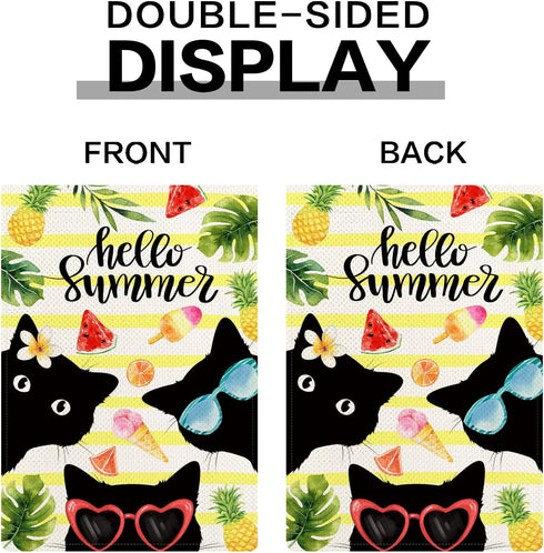 Black Cat Hello Summer Flag for Outside Burlap Hello Spring Summer Small Garden Flag 12.5 x 18 Double Sided Outdoor Holiday Porch Flags Seasonal D...