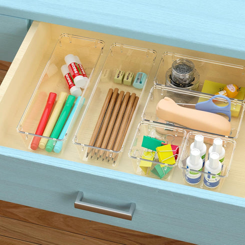 WOWBOX 6 Pack Clear Drawer Organizer Set, Acrylic Drawer Storage Trays, Storage Bins for Makeup, Cosmetics, Jewelries, Utensils, Gadgets, Office...