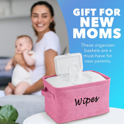 Baskets for Organizing Wipes and Newborn Essentials, Diaper and Wipes Organizer, Embroidered Baby Shower Gifts for Moms, Linen Basket with Handle,...