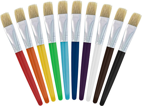 U.S. Art Supply 10-Piece Large Flat Chubby Hog Bristle Tempera Paint Brush Set - Fun Party, School, Student, Class Craft Painting - Beginners Star...