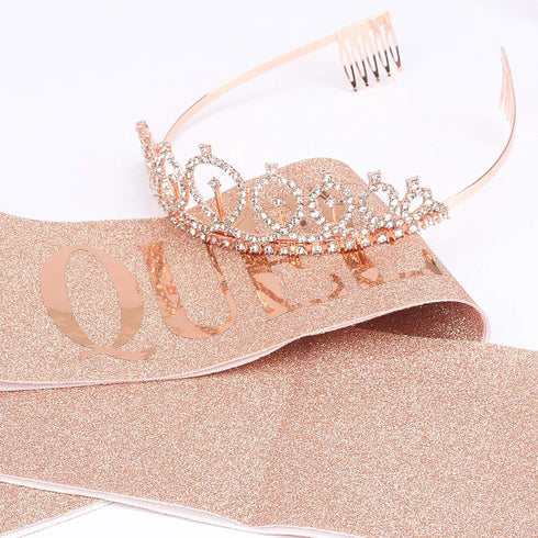 CAVETEE Birthday Crown and Sash for Women - Rose Gold Rhinestone Tiara Set and Sash for Decorations...
