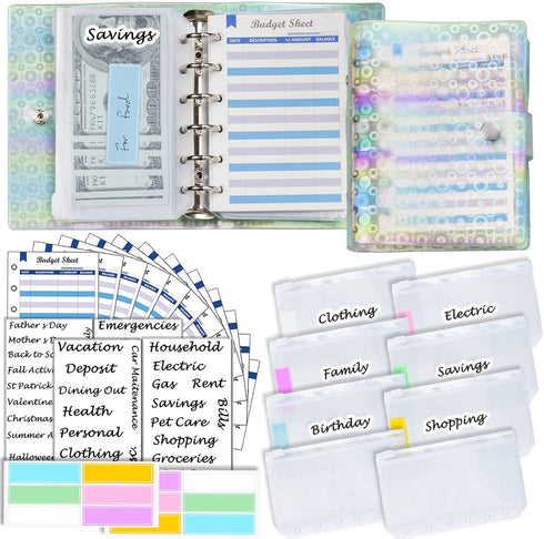 A7 Binder Soft PVC with Bubble 6-Ring Mini Binder, with Mini Binder Pockets x8 Zipper Envelopes, Budget Sheets x12, Cash Envelope Sticker x42, Lab...