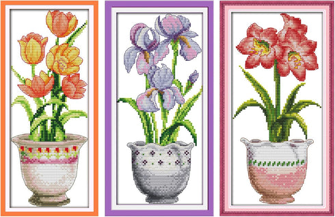 ITSTITCH Cross Stitch Kits for Adults 3 Pack Flowers Crossstitching Kits Preprinted 11CT Printed Cross Stitch Kits for Beginner Prestamped Easy Pa...