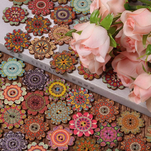 AKOAK 100 Pieces of Wooden Buttons Simple Retro Style Sunflower Buttons Classical Pattern Design Cartoon Children Decorative Buttons (15 MM)...