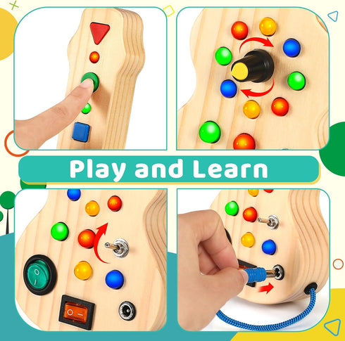 Montessori Toddler Busy Board Toy Busy Board with 15 LED Light Wooden Guitar Busy Board Toy Sensory Toy Light Switch Toy for Toddler and Baby...