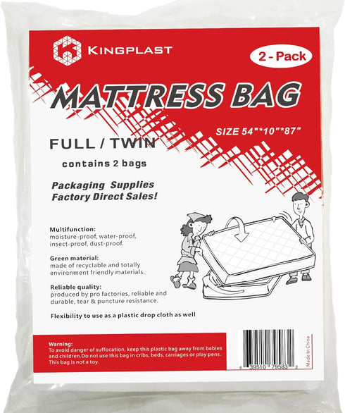 K KINGPLAST Mattress Bags for Moving and Storage, Twin/Full Size 54-Inch by 87-Inch Clear,2Pack, Disposable Plastic Mattress Cover...