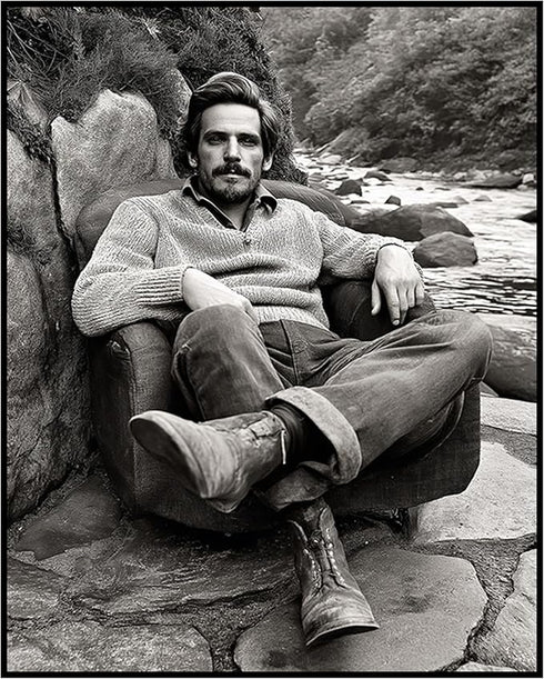 Posterizer 1 pcs-outdoor black and white photo art-rugged man in chair 1-Photography Art-Retro Art-Decorations for Bedroom, Office, Living Room - ...