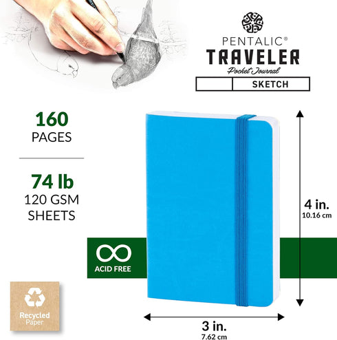 Pentalic 3 x 4" Pocket Sketchbook Traveler Journal, 160 Pages, Bright Blue...