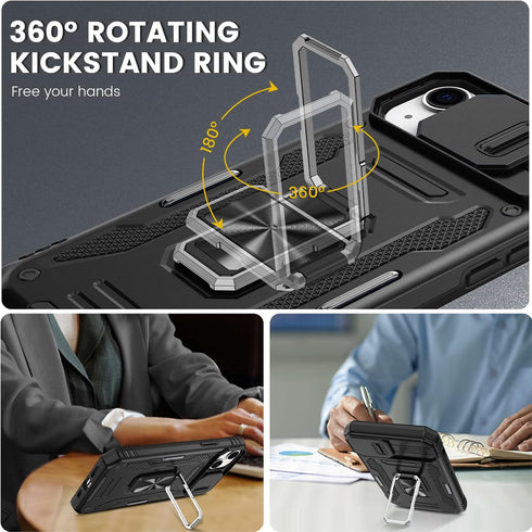 Maxdara for iPhone 14 Case & iPhone 13 Case with Slide Camera Cover & Built-in 360° Rotating Ring Kickstand & Glass Screen Protector Protective Co...