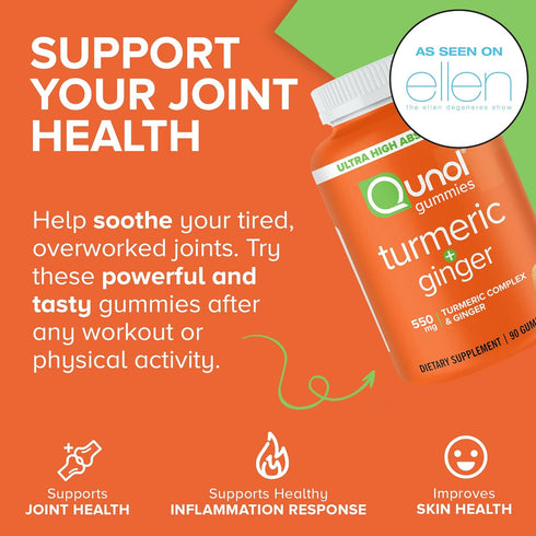 Qunol Turmeric and Ginger Gummies - Joint Support Supplement with Ultra High Absorption, 90 Count Vegan and Gluten Free Gummies...