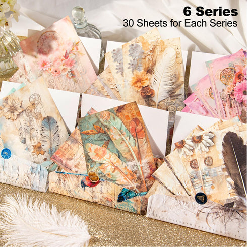 180Pcs Feathers Scrapbook Paper, Vintage Ephemera Pack for Journaling and Junk Journal Supplies, Scrapbooking Kit with Glue Tape...
