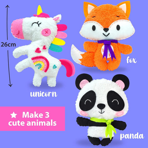 KRAFUN Unicorn Beginner Animal Sewing Kit for Kids Age 7-13 My First Art & Craft, includes 3 Stuffed Animal Dolls Panda, Fox, Instructions & Plush...