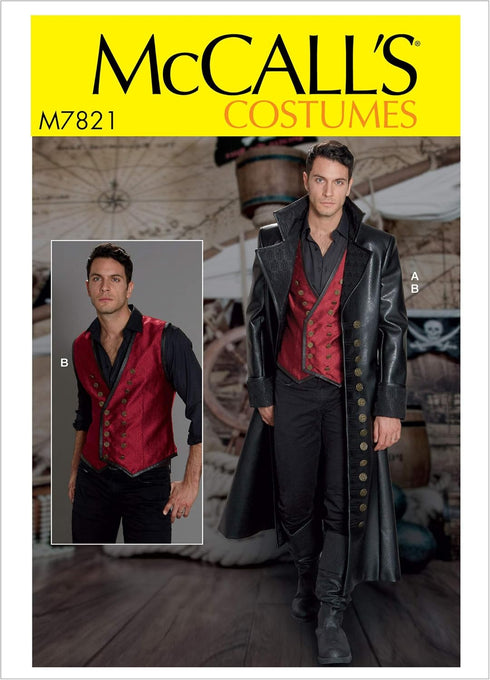 McCall's Patterns MCC 7821 McCall's M7821 MWW Sewing Pattern Men's Wide Lapel Long Leather Coat & Laced Back Vest Costume, Size 38-44...