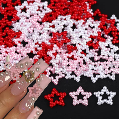 Star Pearls Nail Charms Star Pearls Nail Beads Hollow Red White Pink Star Nail Rhinestones Cute Nail Gems Colorful Star Nail Art Supplies for Mani...