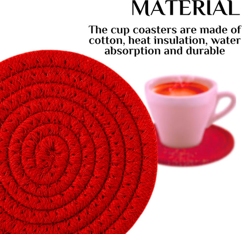 8PCS Cotton Round Woven Coasters Drink - Red Handmade Braided Cup Coasters Absorbent Woven Circles Hot Pads Mats for Drink Home Kitchen Heat-Resis...