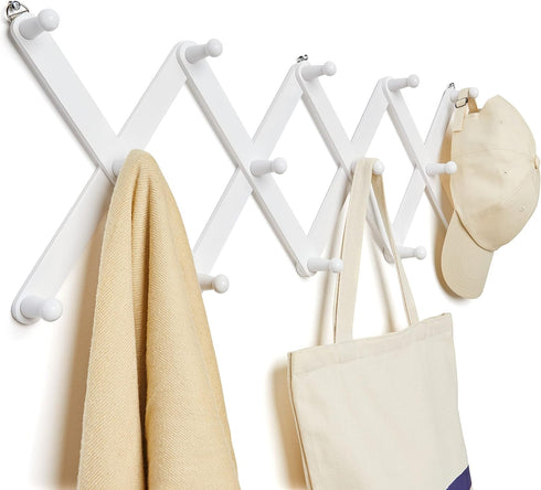 Wooden Wall Hanger Expandable Coat Rack Accordion Design 14 Peg Hooks for Hanging Storage Clothes, Hats,Caps,Scarves,Purses,Mug,Towels,Umbrella,Ac...
