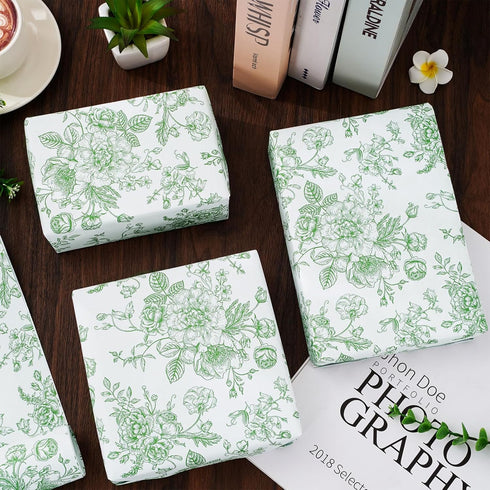 JarThenaAMCS Floral Wrapping Paper Mini Roll 17in x 32.8Ft Green White Flowers Gift Wrap Paper Chinoiserie Paper for Birthday Wedding Baby Shower ...