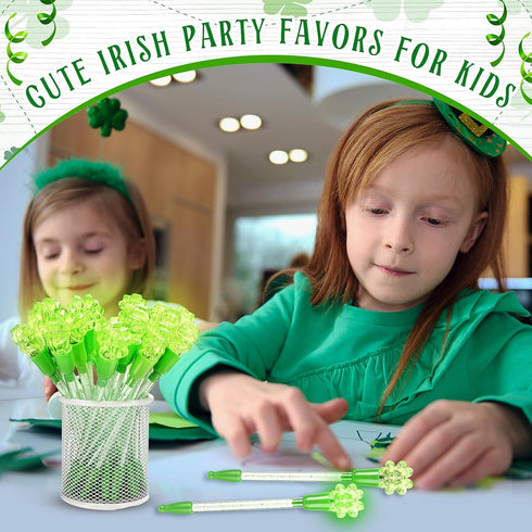 20 Set St Patrick's Day Pens Bulk Shamrock LED Light up Pens Four Leaf Flashing Green Black Ink Clover Rollerball Ballpoint Pen with Card for Scho...