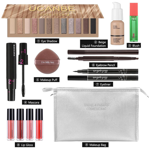 Makeup Set for Women Full kit, Makeup bag with 12 Color Nude Eyeshadow Palette, Mascara, Lip gloss, Blush & Foundation, Beauty blender, Eyeliner P...