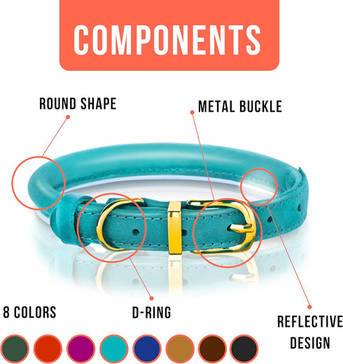 Reflective Rolled Leather Dog Collar for Small Dogs, Adjustable Soft Padded Pet Collar for Small Breed Dogs Puppy (XXS, 7"-9", Teal)...