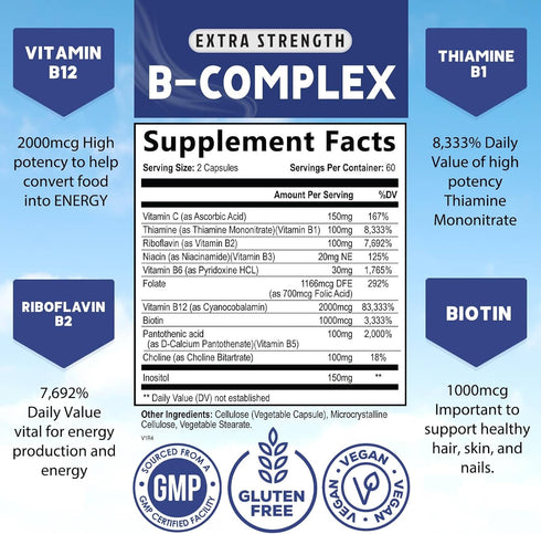 B Complex Vitamins with Vitamin B1 B2 B3 B6 B12 B100 C & Folic Acid - Supplement for Energy, Brain, & Immune Support - Super B Vitamin Complex for...