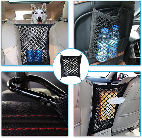 2 Layers Car Mesh Organizer, Two-Side Elasticity Auto Seat Back Net Bag Between Front Seats, Car Net Barrier of Backseat Pet Kids, Tissue Purse Ho...