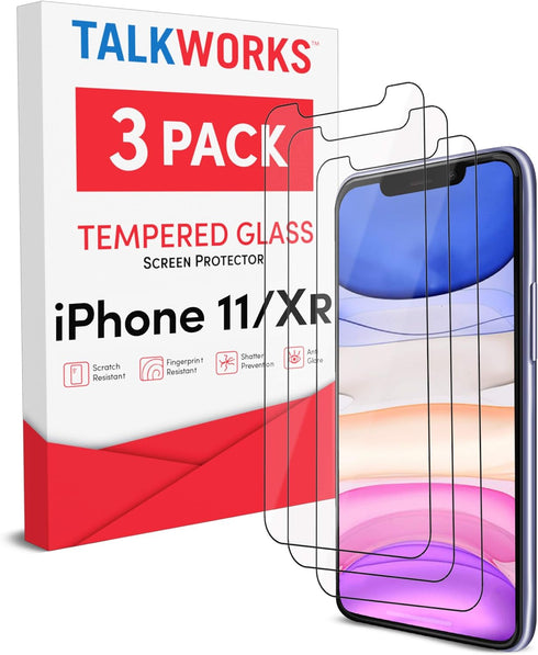 TalkWorks iPhone 11 Screen Protector (Also Fits iPhone XR) 3 Pack Tempered Glass Film Durable 0.33mm 9H Hardness, Shatter Proof, HD Touch Clarity,...