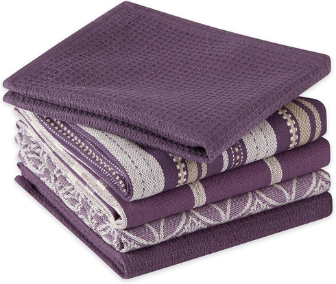 DII Assorted Woven Kitchen Set, Dishtowel, 18x28, Dishcloth, 13x13, Eggplant, 5 Piece...