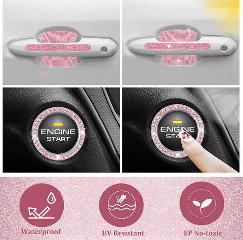 BOHISEN 10pcs Car Rhinestone Bling Door Handle Reflective Trim Stickers Universal Side Rear View Mirror Safety Scratch Resistant Protector Cover f...