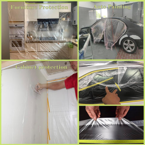 3 Rolls Pre-Taped Masking Film,Tape and Drape for Painting,66-Feet x 22/43/59-In Masking Paper for Automotive Painting Covering,Paint Adhesive Mas...