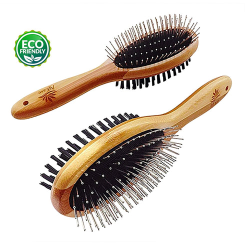 Double Sided Dog Brush - for Long or Short Haired Dogs and Cats Natural Bamboo Eco Friendly Pet Grooming Dual Sided Pin and Bristles for Desheddin...