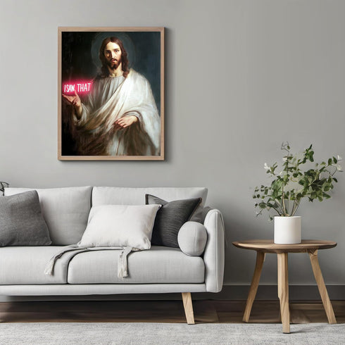 Posterizer 1 pcs-Jesus Christ saying "saw that" modern art -3-Comedy Art- Gift for Men Women Entrepreneur Teens -Living Room Bedroom Decor- unfram...