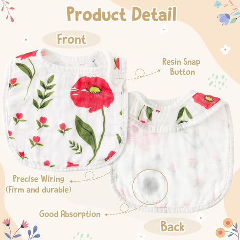7Pcs Baby Muslin Bibs Baby Burp Cloths Absorbent Cotton Infant Bib Adjustable Resin Button Bibs Flower Pattern Infant Bibs Drooling Feeding Eating...