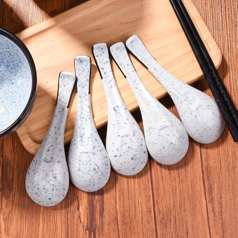 Ceramic Soup Spoons Japanese Ramen Spoons Set of 5 Wonton Spoon for Pho Ramen Noodles Wonton Dumpling Rice,With Blue Spots...