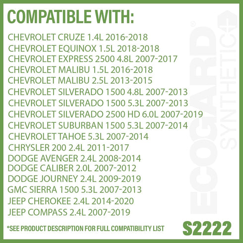 ECOGARD S2222 Premium Spin-On Engine Oil Filter for Synthetic Oil Fits Chevrolet Silverado 1500 5.3L 2007-2013, Silverado 2500 HD 6.0L 2007-2019, ...