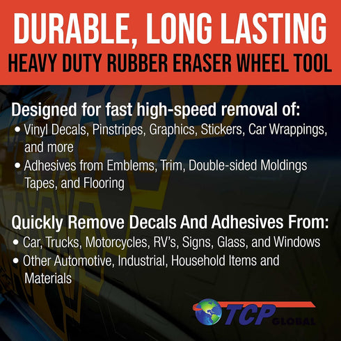 TCP Global Rubber Eraser Wheel with Drill Adapter - 4” Knobby Slotted Edge Pad - Decal Remover Wheel - Sticker Remover Tool - Removes Adhesives on...