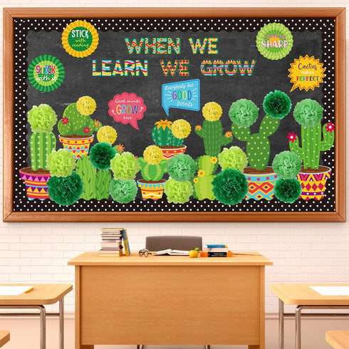 66 Pieces Cactus Classroom Decor When We Learn We Grow Bulletin Board Decorations Set Cactus Cutouts Tissue Paper Pompoms for Kindergarten Element...
