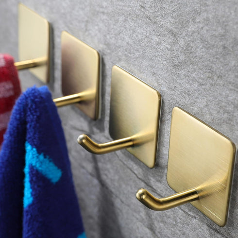 YIGII Adhesive Towel Hooks/Bathroom Hook, Gold Self Adhesive Hooks Heavy Duty Coat Hooks 4-Packs, Non-Punching for Hanging Robes Clothes Hats Stic...